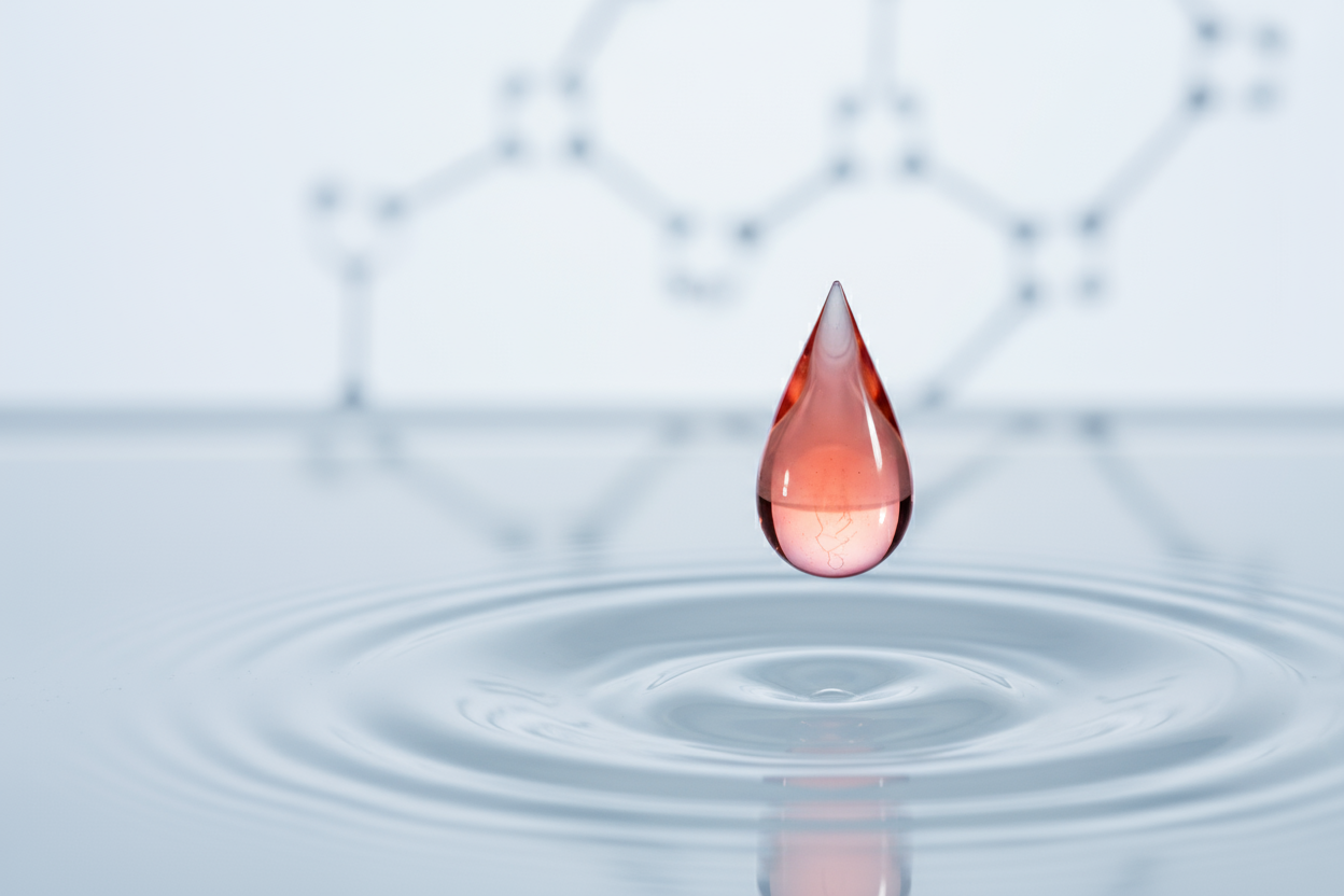 Astaxanthin, premium skincare hero ingredient, scientific aesthetic. Macro shot of a translucent red-orange droplet suspended in clear water with delicate ripples, subtle molecular bonds faintly visible in the background, cool white lab surface, soft specular highlights, crisp shadow, ultra-clean composition. Headline text area left empty. Color palette: cool whites + accents of #ff6b35 (astaxanthin glow). Studio lighting, 85mm macro, high detail, no product bottle, no hands, no faces, no clutter.
